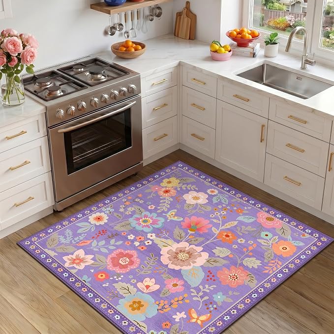 RELEANY Floral Washable Square 5ft Area Rug Purple/Pink | Flower Carpet, Print, Boho, Non-Slip, Easy to Clean, Soft, Low Pile for Living Room Bedroom Kitchen Office Entryway Hallway