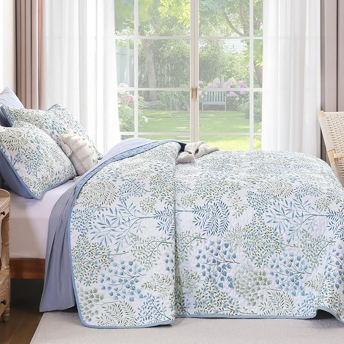 WONGS BEDDINGKing Quilt Set, 3 Pcs Blue Green Floral Bedspread Coverlet | Botanical Print Quilt Set for Spring Summer, Lightweight Microfiber Farmhouse Quilted Bed Cover for Guest Room 110"×90"