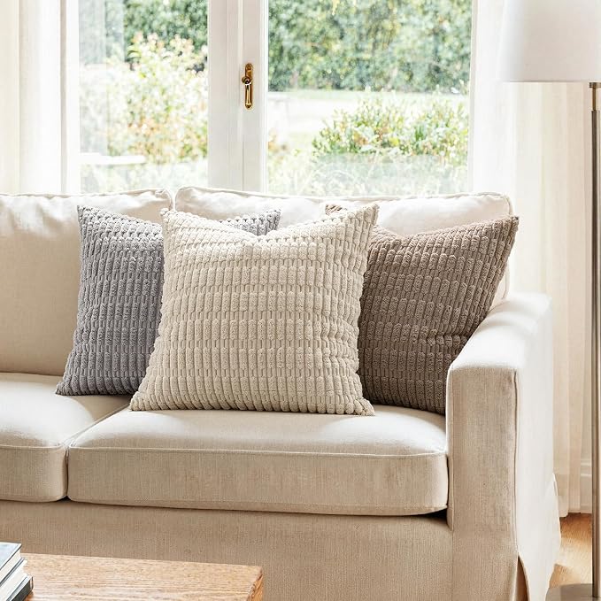 MIULEE Corduroy Decorative Throw Pillow Covers 20x20 Cream White Pack of 2 | Soft Boho Striped Pillow Covers Modern Farmhouse Home Decor For Sofa Living Room Couch Bed