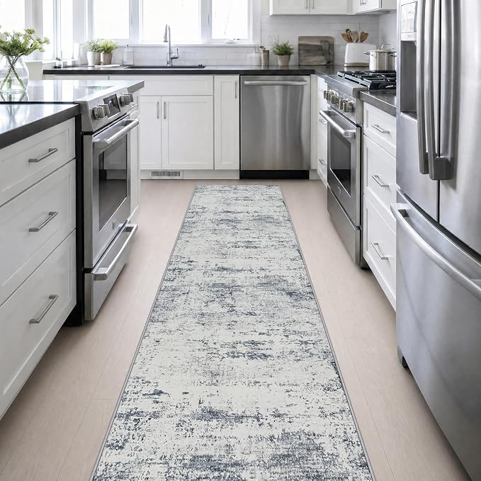2.6x14 Washable Runner Rug:Modern Abstract Soft Carpet Blue Grey | For Hallway, Bedroom, Kitchen, Laundry, Bathroom,Door Mat,Modern Abstract,Machine washable,Non-Slip,Stain Resistant,Indoor