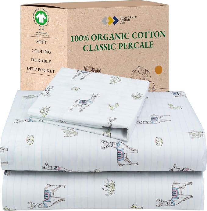 California Design Den Organic Cotton Twin XL Sheets, 3 Pcs Set, Llama Print | GOTS Certified, Lightweight Crisp & Airy Percale For Hot Sleepers, All-around Elastic, Easy Care