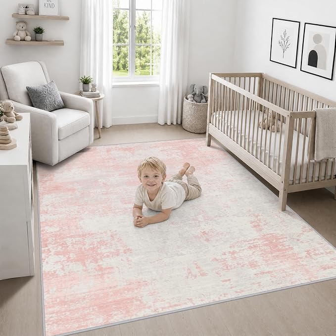 Area Rug Living Room: 8x8 Modern Washable Soft Carpet Pink White | For Bedroom Dining Room Farmhouse Nursery Hallway Office,Modern Abstract,Machine washable,Non-Slip,Stain Resistant,Indoor