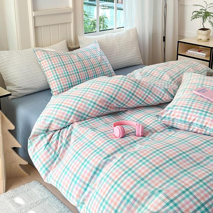 LifeTB Queen Comforter Set Multi-Colored Gingham Comforter Modern Style Checkered Pattern Comforter Set Colorful Grid Plaid Bedding Comforter Fluffy Soft Lightweight Grid Bedding Set Breathable