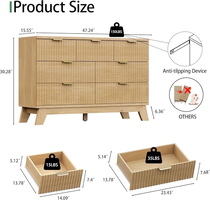 Fluted Dresser for Bedroom with 7 Drawers, 48" Wide Modern Chest of Drawers with Metal Handle, Wood Dresser TV Stand, Wooden Closet Clothes Storage Organizer for Living Room, Hallway, Natural Oak