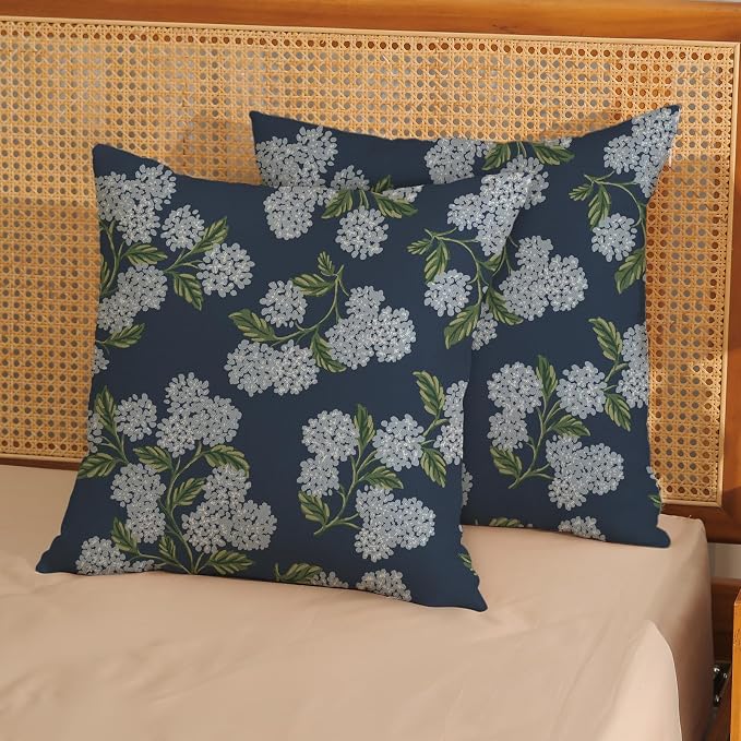 Navy Blue Spring Pillow Covers 16x16 Inch 2 Pcs Blue Green Hydrangea Flower Decor Throw Pillows Vintage Floral Seasonal Summer Outdoor Decoration Pillowcase Linen Cushion Cover for Couch Sofa