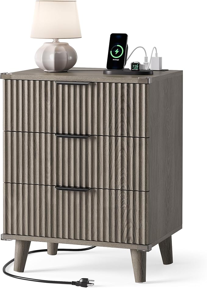 Lulive Wood Bedside Table w/Charging Station, 3 Drawers Fluted Dresser | Dark Grey, Large Drawers, Metal Silent Rails, FSC Wooden, Sturdy Legs, Modern Fluted Panel, Living Room, Bedside Table