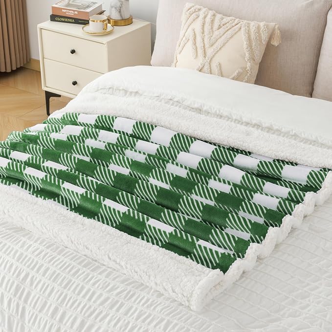 Sherpa Plaid Twin Blanket 60" X 70", Fuzzy Fluffy Soft Cozy Throw Blanket, Twin Size Plush Fleece Flannel Plush Microfiber Blanket for Couch Bed Sofa (GreenWhite)