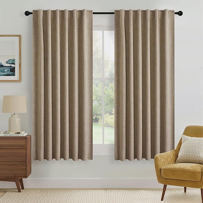 RYB HOME Burlap 100% Blackout Curtains 63 Inch Long for Bedroom Bedroom | Back Tab Rod Pocket, Thermal Insulated Light Blocking, for Nursery Boys Room Kids Room Living Room, W52 x L63, 2 Panels