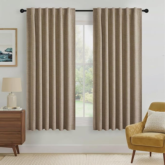 RYB HOME Burlap 100% Blackout Curtains 63 Inch Long for Bedroom Bedroom | Back Tab Rod Pocket, Thermal Insulated Light Blocking, for Nursery Boys Room Kids Room Living Room, W52 x L63, 2 Panels