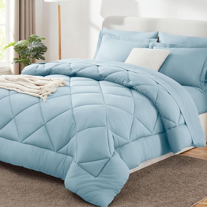 Full Size Comforter Sets Light Blue - 7 Pieces Complete Bedding Set | OEKO-TEX Certified, All Season, 240GSM Down-Alternative Comforter, Sheets, Pillowcases & Shams, 14" Deep Pocket, Easy Care