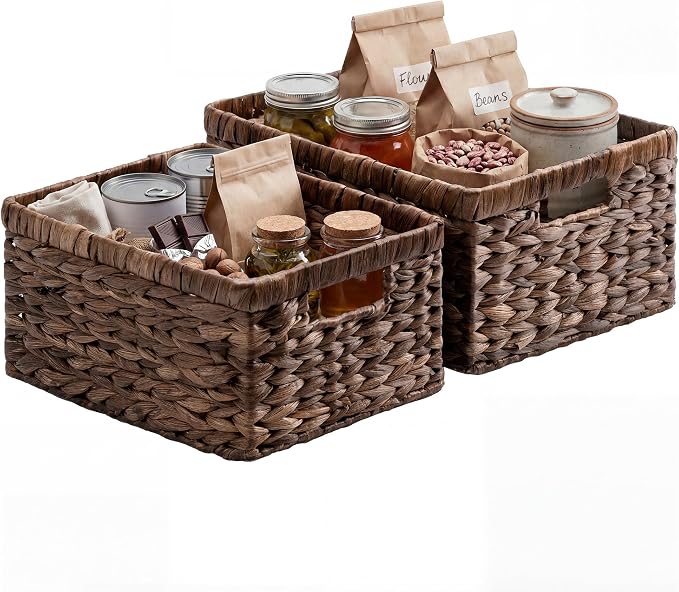 StorageWorks Large Wicker Baskets for Storage, Dark Brown Baskets, 2-Pack | Hyacinth Dark Brown Wicker Baskets with Handles, Wicker Storage Baskets for Organizing, Wicker Storage Baskets for Shelves