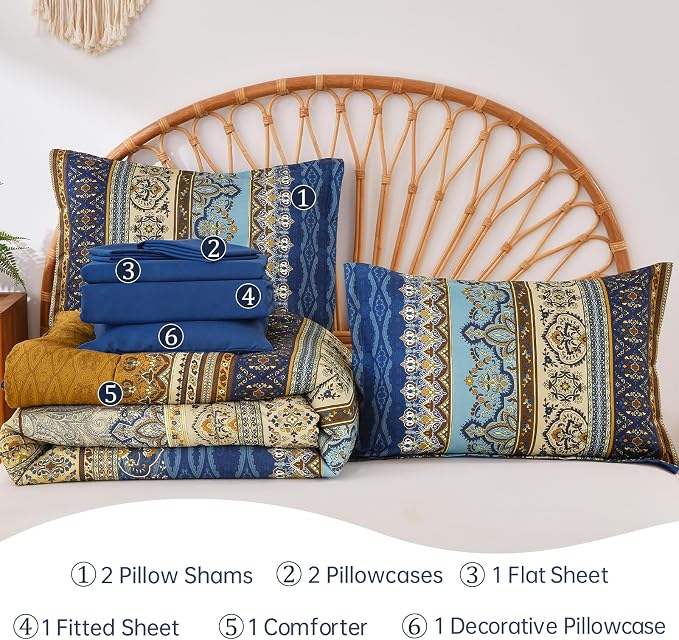 Cottolester Boho King Comforter Set Brown Blue Striped Bed in A Bag | 8 Piece Bohemian Comforter,Paisley Striped Bedding Sets,Soft Microfiber Bedding Set for All Season