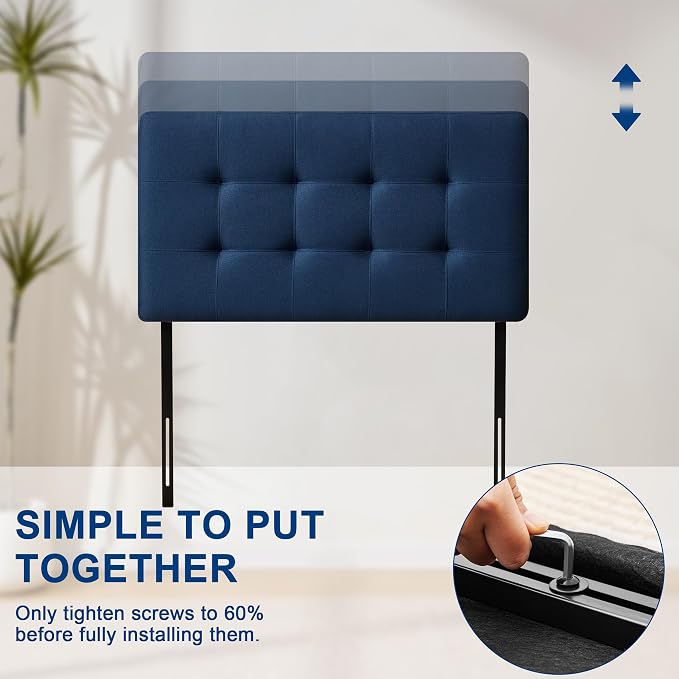 Linen Stitched Tufted Twin Headboard, Adjustable Height 37.2-46 in, Blue | Wood Twin Headboard Only, Padded Support for Reading, Relaxing or Working in Bed, Stable Non-Slip Design, Fits Bed Frame