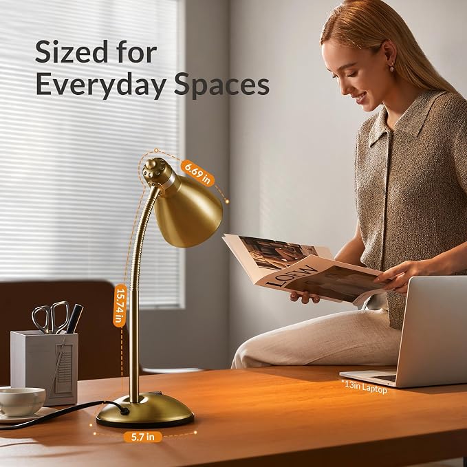 LEPOWER Metal Desk Lamp, Adjustable GooseNeck Reading Light for Bedroom | Compact & Sturdy, Space-Saving for Bedside & Dorm, E26 Table Lamp, Eye-Caring, Ldeal for Study, Office, Back to School