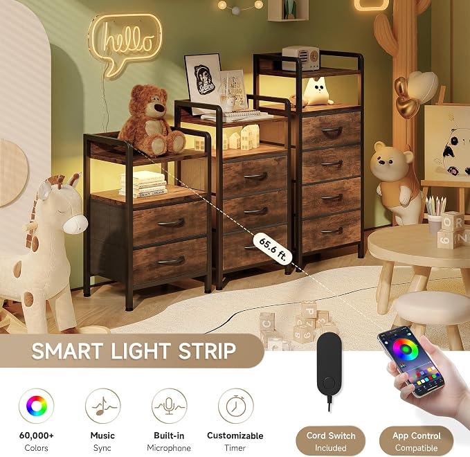 Lazzanto Nightstand with Rear Charging Station, LED Light, 3 Drawers, Brown | Industrial Nightstand, 2 USB-A Ports & AC Outlets, Raised Back Guard, Fabric Storage Drawers, Bedside Table for Bedroom, Dorm