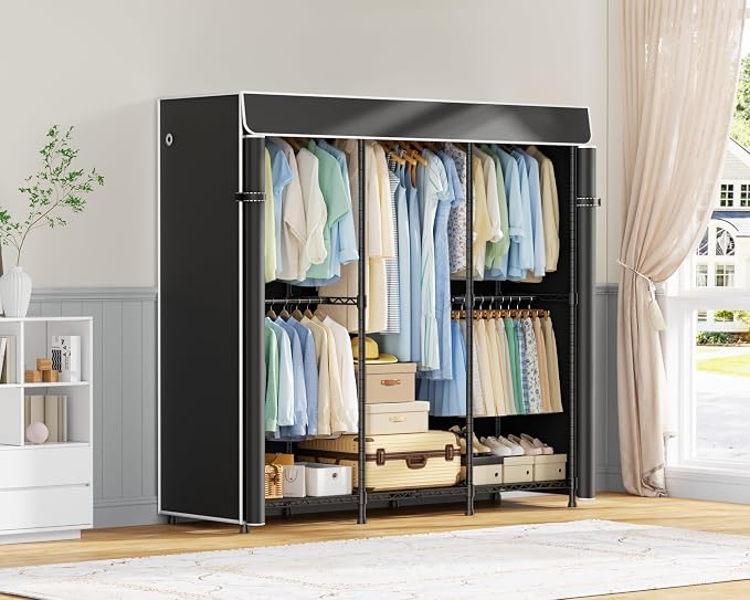 ULIFHOME E14C Heavy Duty Closet Organizer System，Freestanding Clothing Racks for Hanging Clothes，Adjustable Garment Rack 58" W × 16" D × 77" H Hold 860 lbs，Black Rack with Black Dustproof Cover