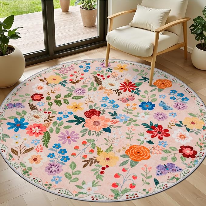 PLHXFR Round Area Rug Living Room: 4 ft Floral Washable Soft Carpet Beige | For Bedroom Dining Room Farmhouse Nursery Hallway,Vintage Floral,Machine washable,Non Slip,Stain Resistant,Large Indoor
