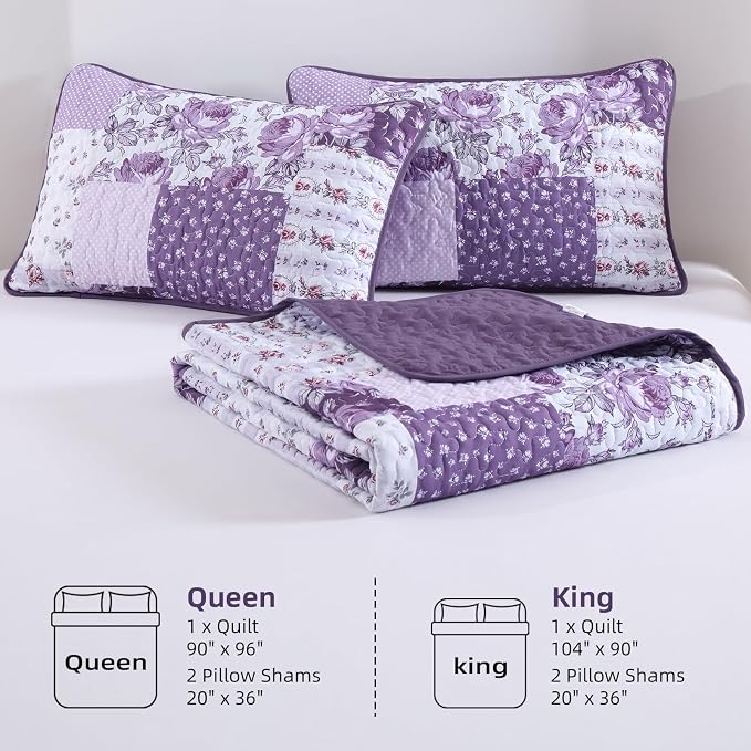 Anibedding Purple Patchwork Quilt Set King, Rose Floral Plaid Bedspread | Lavender Vintage Flower Coverlet, Lighweight Microfiber Farmhouse Quilt Bedding Set 3 Pieces for All Season, 96''x90''