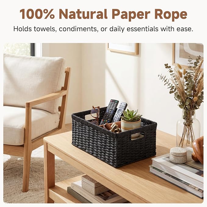 StorageWorks Wicker Storage Baskets for Organizing, Black Baskets, 2-Pack | Paper Rope Wicker Baskets with Handles, Black Storage Baskets for Shelves, Black Wicker Baskets, Woven Baskets