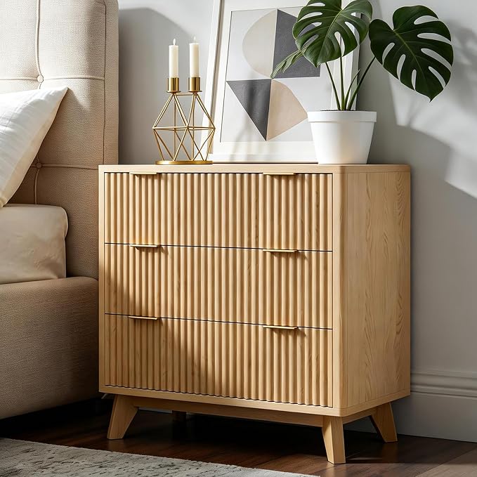 Fluest 32” Tall Nightstands with Fast Charging Station, 32” Wide Fluted Night Stand with 3 Large Drawers, Modern End Table Beside Table for Bedroom, Curved Profile Design, Natural