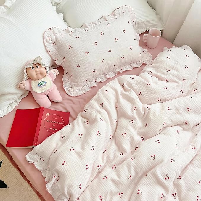 Crib Bedding Duvet Cover for Boys Girls Cotton Muslin Baby Crib Duvet Cover Nursery Bed Decoration Gift, 47"x59", Cherry Print (No Pillowcases)