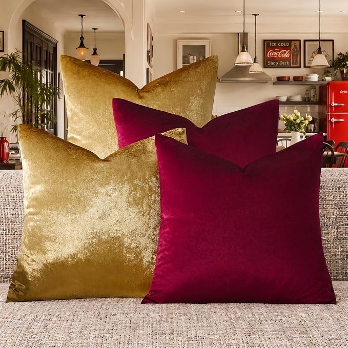 GIGIZAZA Pack of 4 Decorative Velvet Pillow Covers 18x18 Burgundy Gold | Throw Pillows for Couch Sofa,280gsm Soft Textured Fabric,Modern Accent Pillowcases,Luxury Living Room Cushion Covers