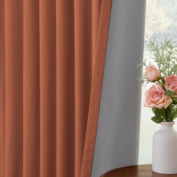 INOVADAY 100% Blackout Curtains for Bedroom Black Out Curtain 108 Inch Long | Orange Curtains for Living Room 2 Panels, Clip Rings Linen Look Blackout Drapes, Thermal Insulated Room Darkening,W50xL108