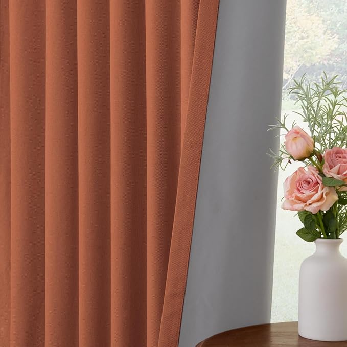 INOVADAY 100% Blackout Curtains for Bedroom Black Out Curtain 120 Inch Long | Orange Curtains for Living Room 2 Panels, Clip Rings Linen Look Blackout Drapes, Thermal Insulated Room Darkening,W50xL120