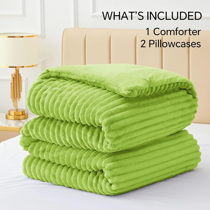 BEDELITE Fleece Queen Comforter Set, Fluffy Bed Set, Dark Citron | Super Soft & Warm Bedding, Luxury Fuzzy Faux Fur Comforter for Winter, Heavy Plush Bedding, with 2 Pillowcases