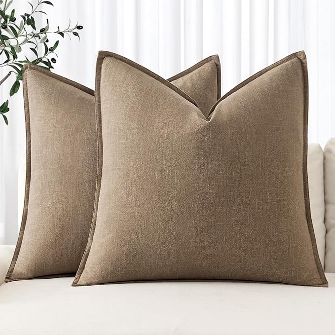 MIULEE Decorative Linen Euro Sham Pillow Covers 22x22 Inch Khaki | Boho Farmhouse Fall Autumn Couch Throw Pillows for Bed, Pack of 2 Accent Modern Pillowcases, Sofa Livingroom Home Decor