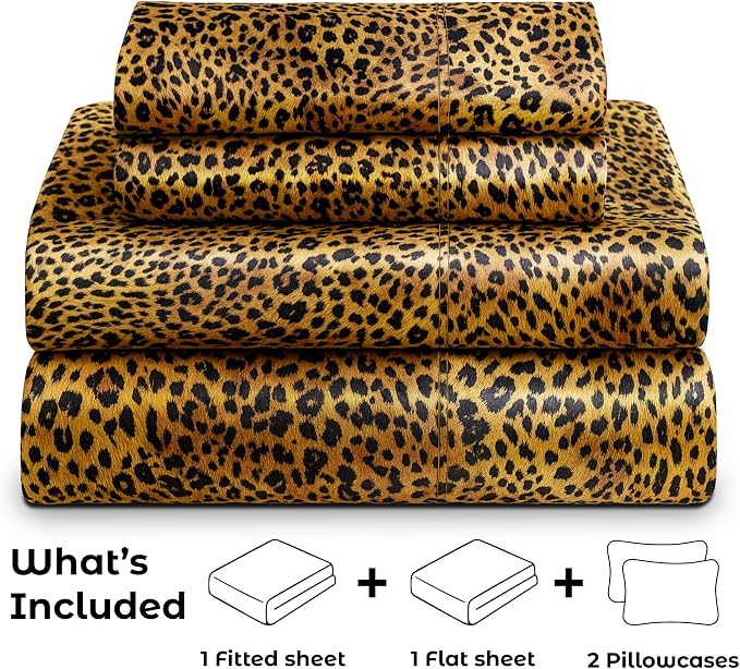 Satin Sheets Full [4-Piece, Gold Leopard] Hotel Luxury Silky Bed Sheets - Extra Soft 1800 Microfiber Sheet Set, Wrinkle, Fade, Stain Resistant - Deep Pocket Fitted Sheet, Flat Sheet, Pillow Cases