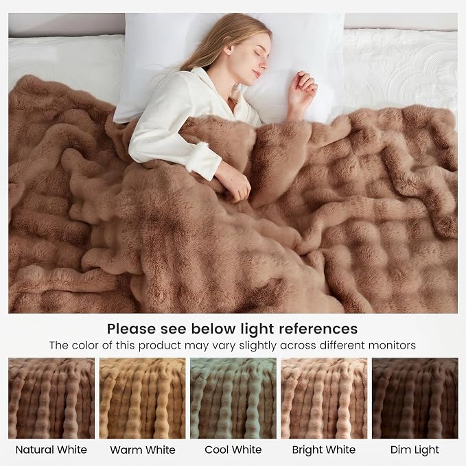 Cozy Bliss Faux Fur Throw Blanket for Couch, Fuzzy Soft Plush Thick Bubble Blanket for Sofa Bedroom Living Room, 60 * 80 Inches Light Brown