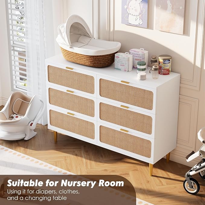 GarveeHome Rattan 6 Drawer Dressers for Bedroom, Deep Drawer, White | Tall Dresser, Wide Top, for Living Room, Hallway, Kids Room, Large Chest of Drawers for Closet, Long Wooden Dresser