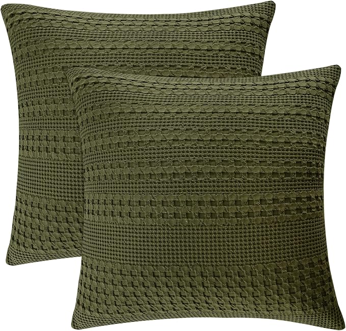 PHF 100% Cotton Waffle Weave Euro Sham Covers, 2 Pack 26" x 26" Bed Pillow Covers for Elegant Home Decor, No Filling, Luxury Aesthetic Soft Euro Pillow Cases for Bed, Capulet Olive