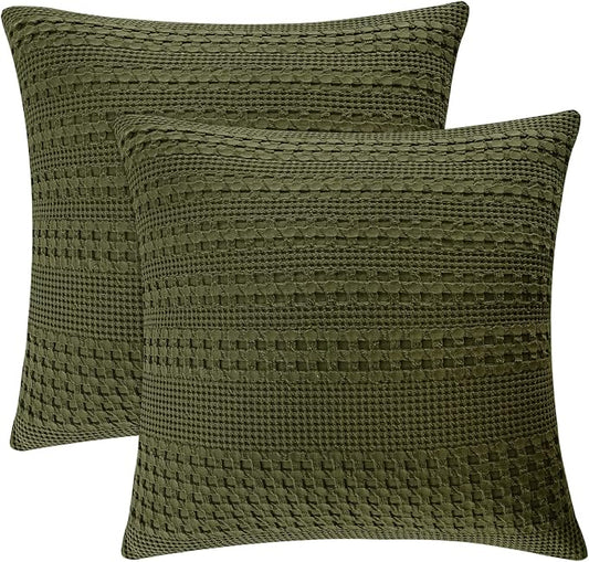 PHF 100% Cotton Waffle Weave Euro Sham Covers, 2 Pack 26" x 26" Bed Pillow Covers for Elegant Home Decor, No Filling, Luxury Aesthetic Soft Euro Pillow Cases for Bed, Capulet Olive