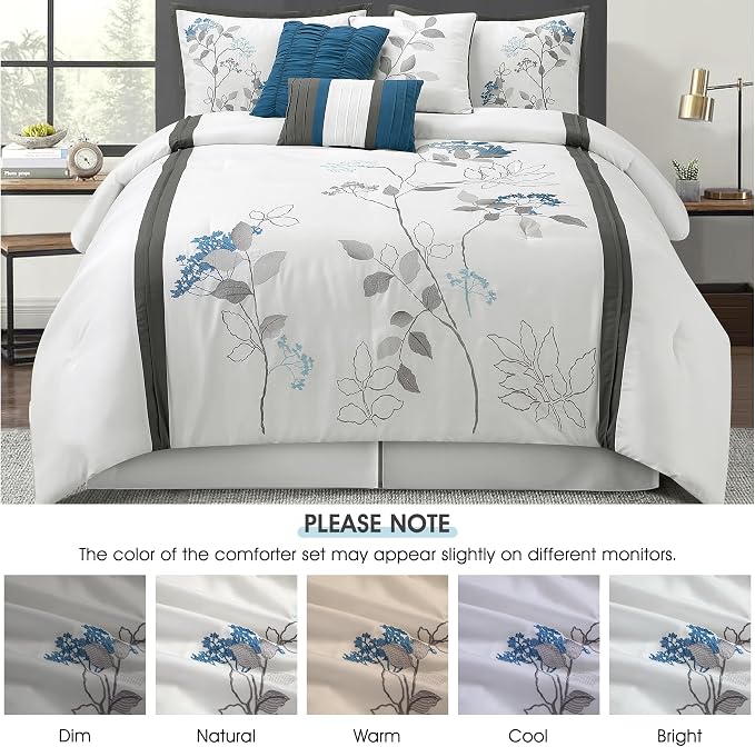 White Queen Comforter Set, 7 Pieces Bed in a Bag, Elegant Floral Leaves Embroidery, Soft and Lightweight All Seasons Bedding Set, Bedskirt, Pillow Shams, Decor Pillows
