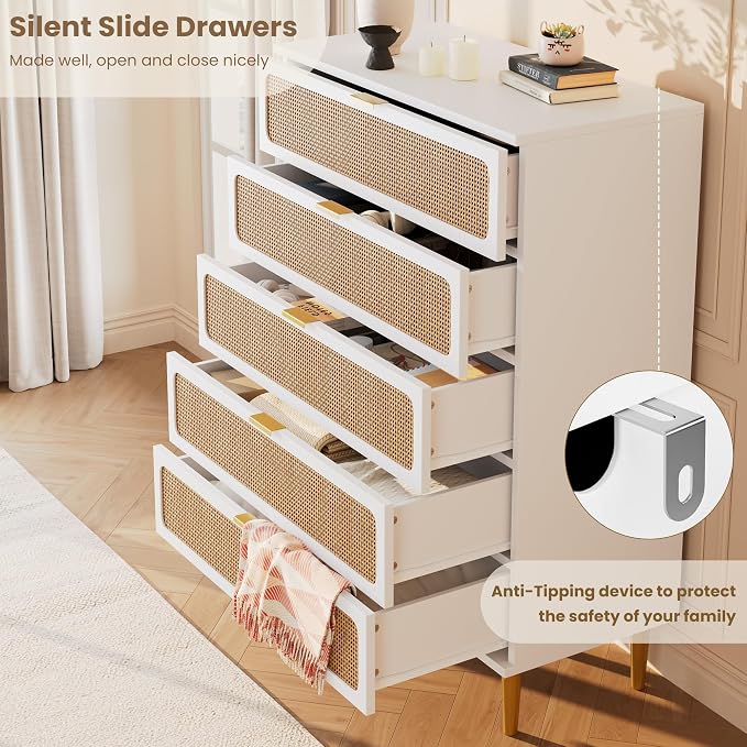 GarveeHome Rattan 5 Drawer Dressers for Bedroom, Deep Drawer, White | Tall Dresser, Wide Top, for Living Room, Hallway, Kids Room, Large Chest of Drawers for Closet, Long Wooden Dresser