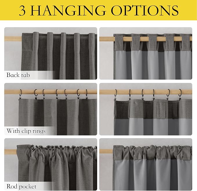 NICETOWN 100% Blackout Linen Curtains 84 inch Long 2 Panels, Grizzle Gray | Back Tab Cozy Bedroom Curtains for Daytime Sleep, Noise Reducing, Privacy Protection, Energy Saving, W52" x L84" per Panel