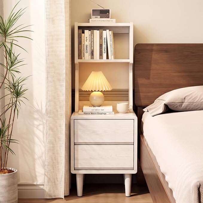 Solid Wood Bookshelf Nightstand Combo, Tall Nightstand with Bookshelf | White Nightstand Bookshelf,Solid Wood Nightstand with Drawers,Open Shelf Bookcase,for Bedroom,Living Room,Offices