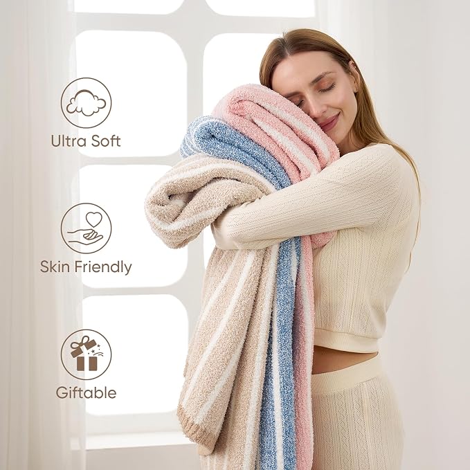 Snuggle Sac Ultra Soft Throw Blanket, Pink, 50"x60" | Reversible, Cozy Knitted Ribbed, Fuzzy Knit Striped, For Couch, Sofa, Bed, Home Decor