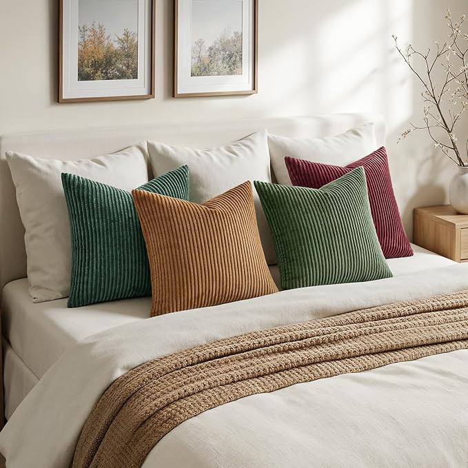 MIULEE Soft Corduroy Decorative Throw Pillow Covers Christmas Green 22x22 | Set of 4, Mordern Nordic Christmas Decor, Green Red Accent Set, Boho Farmhouse Cushion Covers for Couch Bed Sofa Living Room