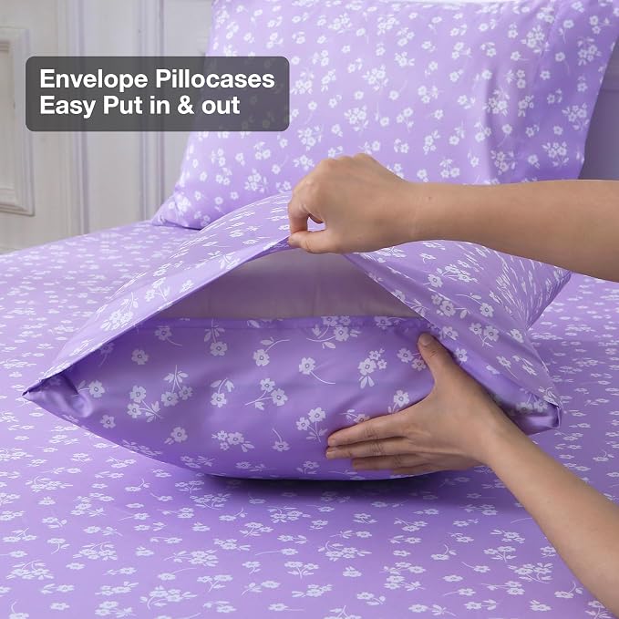 Viviland King Sheet Set - 4 Piece Cute Purple and White Flower Patterned Bed Sheets - Soft, Breathable Microfiber Sheets with Deep Pocket, Non-Slip Fitted Sheets & Pillowcases