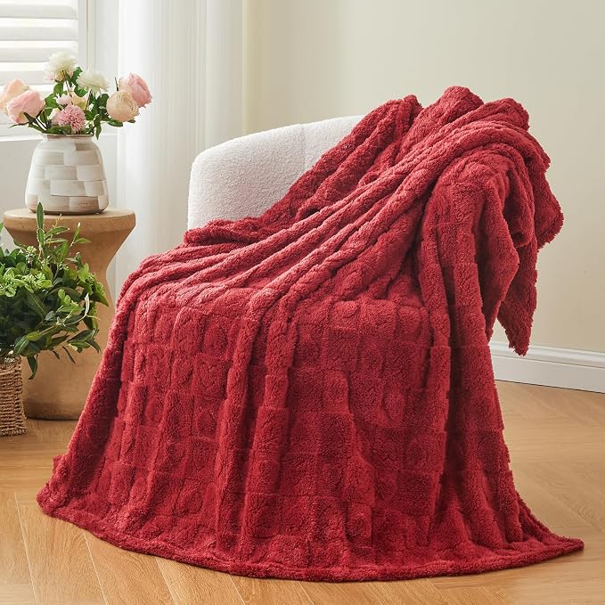 NEWCOSPLAY 3D Heart Checkered Flannel Twin Blanket, Red Heart, 60"x80" | Super Soft Cute Lightweight Decorative Premium Silky Fleece Blanket for Couch Sofa Bed, Gift for Women Men, All Season Use