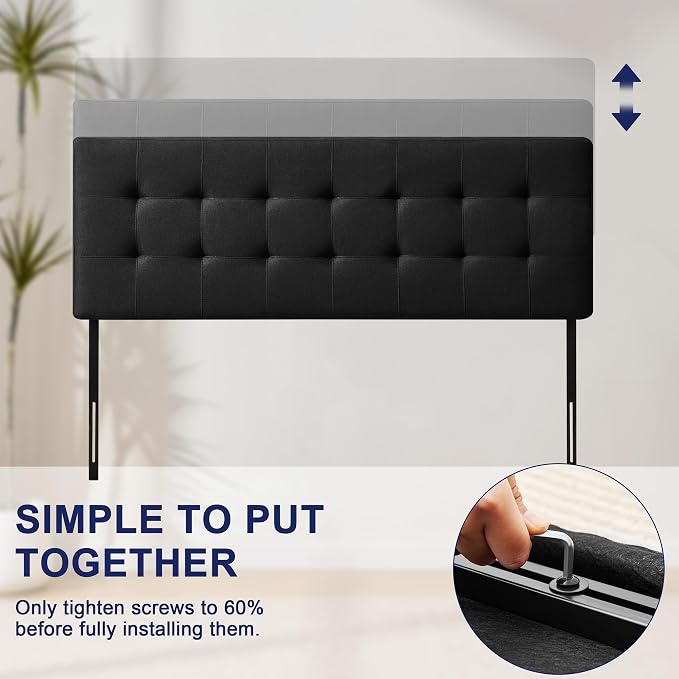 Linen Stitched Tufted King Headboard, Adjustable Height 37.2-42.3 in, Black | Wood Twin Headboard Only, Padded Support for Reading, Relaxing or Working in Bed, Stable Non-Slip Design, Fits Bed Frame
