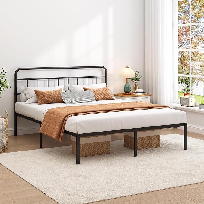 King Bed Frame with Classic Headboard, Black | Strong Metal Slats Support, Under Bed Storage Space, No Box Spring Needed, Easy to Assemble