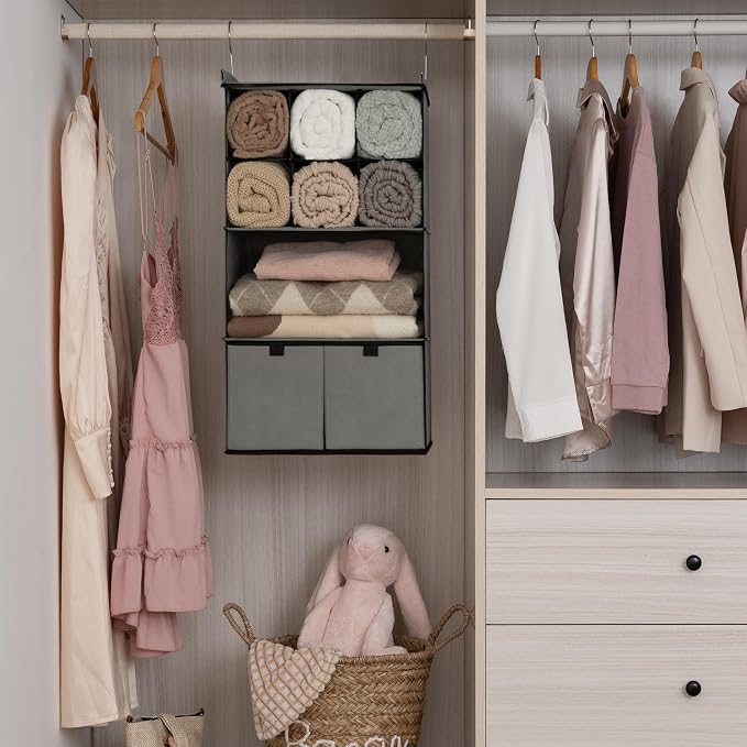 GRANNY SAYS 4-Shelf Hanging Closet Organizer with Drawer, Foldable Storage | Dividers Closet Hanging Organizer, No-Sag Support, Keeps Clothes Neat, Folds Flat, Fits RV, Dorm & Small Closets, Grey
