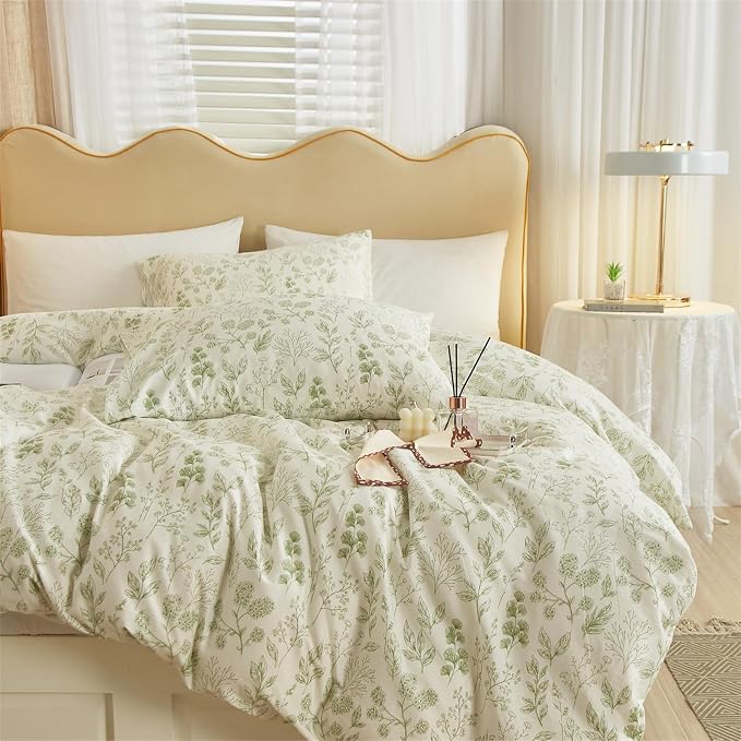 mixinni 3pcs Girls Boho Green Floral Duvet Cover Set King Size Cotton Soft Aesthetic Cute Flowers Leaves Pattern Bedding Comforter Cover, 1 Queen Duvet Cover with 2 Pillowcases for All Seasons