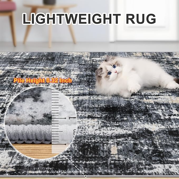 PLHXFR Area Rug Living Room: 5x7 Abstract Washable Carpet Black Gold | For Bedroom Dining Room Farmhouse Nursery Home,Machine washable,Non Slip,Large Soft Neutral,Stain Resistant, Indoor Floor
