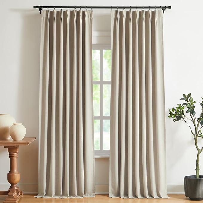 Vision Home Sand Pinch Pleated Full Blackout Curtains Linen Blended Room Darkening Window Curtains 120 inch for Living Room Bedroom Thermal Insulated Pinch Pleat Drapes with Hooks 10ft 40" Wx120 Lx2
