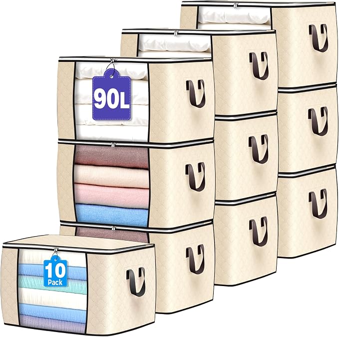 90L Large Storage Bags, 10 Pack Clothes Storage Bins Closet Organizers | Foldable Storage Containers, with Reinforced Handle, for Clothing, Blanket, Comforters, Bed Sheets, Pillows and Toys